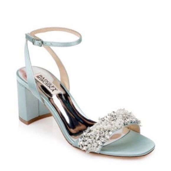 Badgley Mischka Clara embellished strap block heel blue satin heel Size 6 $235 - Picture 5 of 11